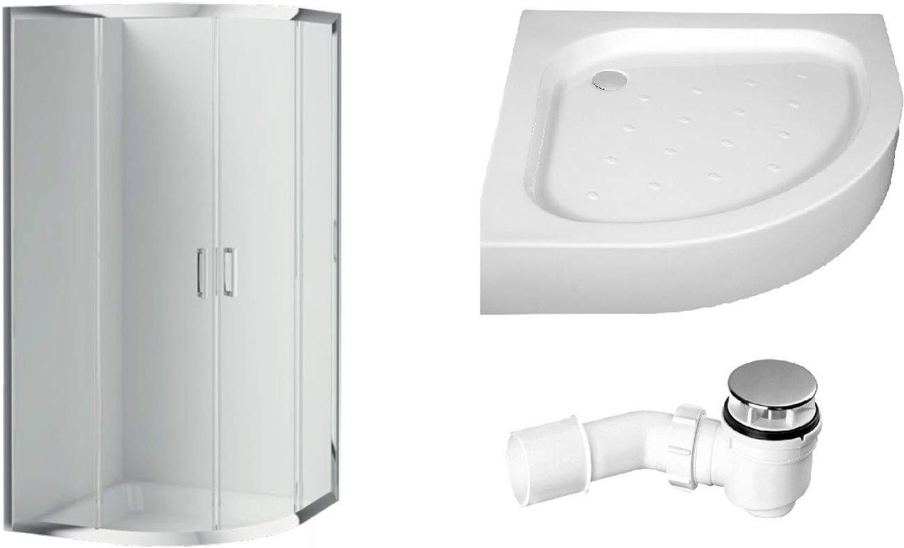 Zestaw Deante Funkia kabina prysznicowa 90 cm półokrągła z brodzikiem Standard New i syfonem chrom/szkło przezroczyste (KYP051K, ...