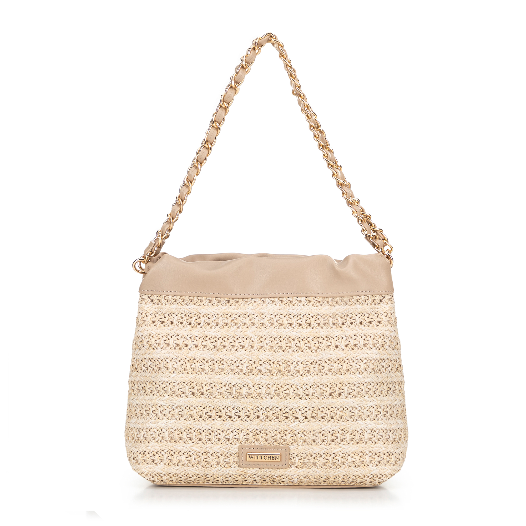 Pleciona torebka crossbody z łańcuszkami beżowa