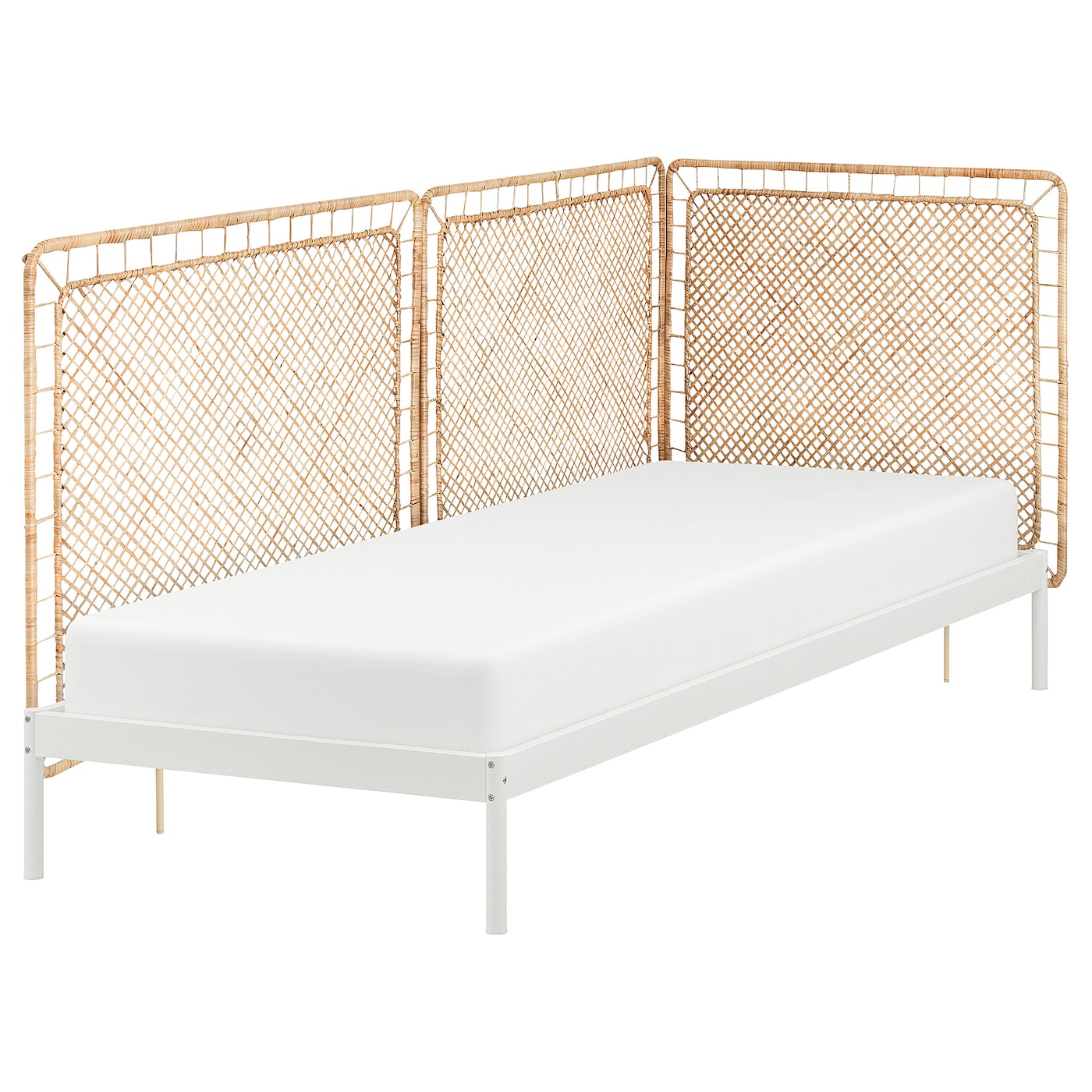 IKEA VEVELSTAD rama łóżka z 3 zagłówkami, biały/Tolkning rattan, 90x200 cm