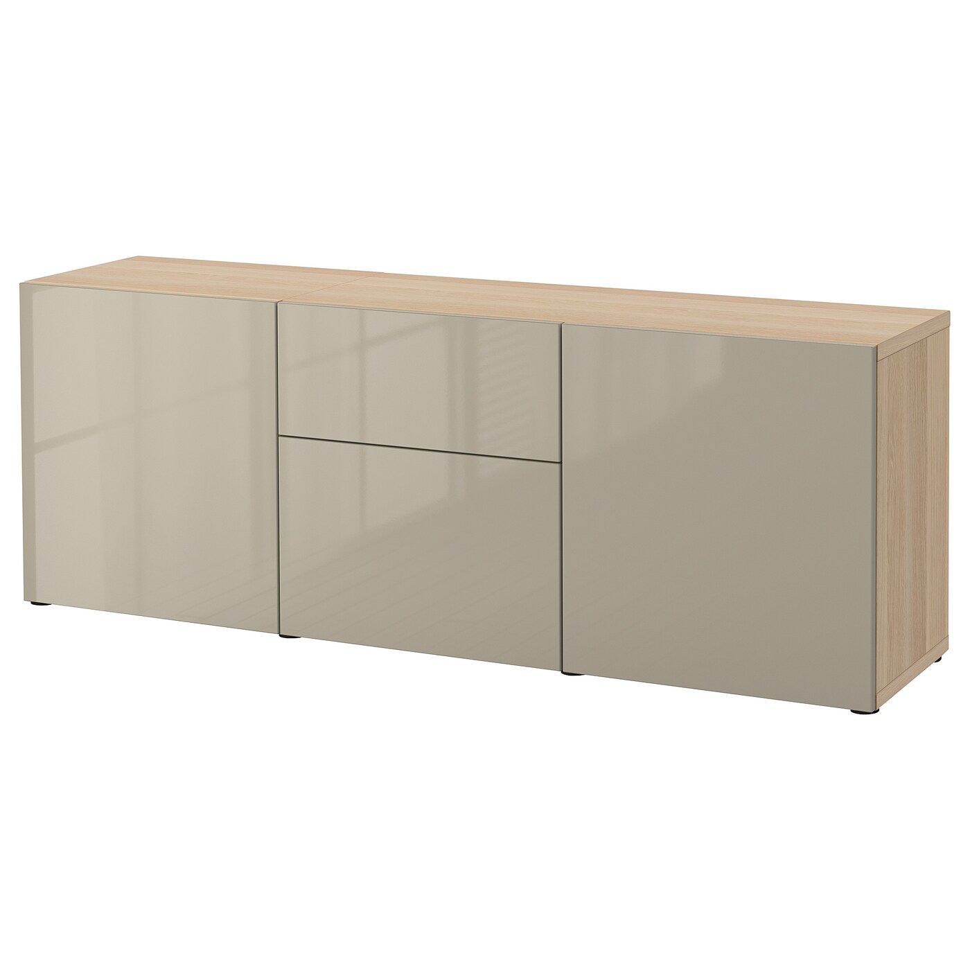 IKEA BESTÅ kombinacja z szufladami, imitacja dębu bejcowanego na biało/Selsviken wysoki połysk beż, 180x42x65 cm