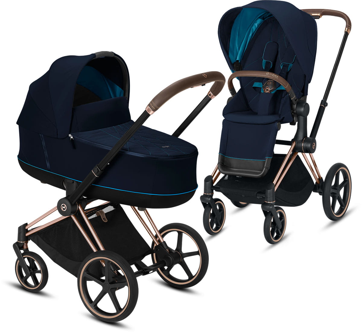 Cybex, Priam 2.0 - wózek spacerowy z gondolą Lux-Nautical Blue-Chrome z brązową rączką