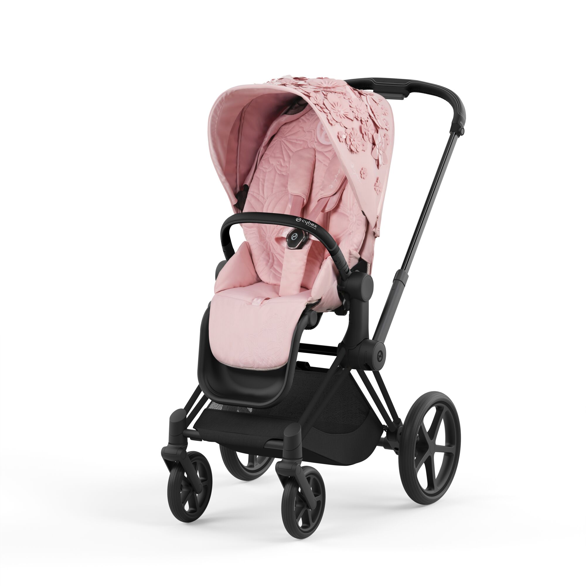 Cybex Priam 4.0 Fashion Collection - wózek spacerowy -Simply Flowers Pale Blush-Chrome z brązową rączką
