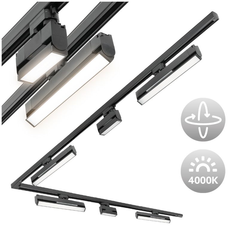 Oświetlenie szynowe 3 fazowe Kobi szyna 2m+2m, 4x Lampa 36W, 2 lampy 12W, łącznik L 1kpl.