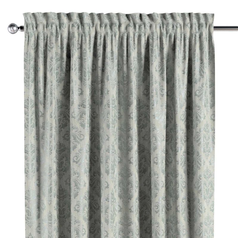 Zasłona na kanale z grzywką Dekoria 140x260 cm Imperia Premium srebrno-niebieski ornament na szarym tle 1 szt.