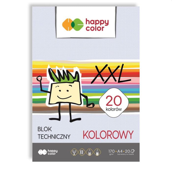 Happy Color Blok techniczny A4- kolorowe kartki, 20 kartek XXL 170g