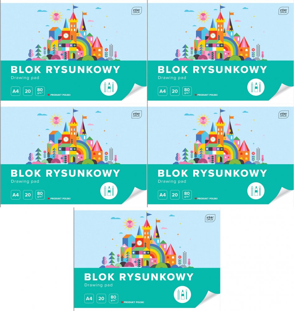 5x Blok rysunkowy Interdruk, A4, 20 kartek, biały, mix wzorów