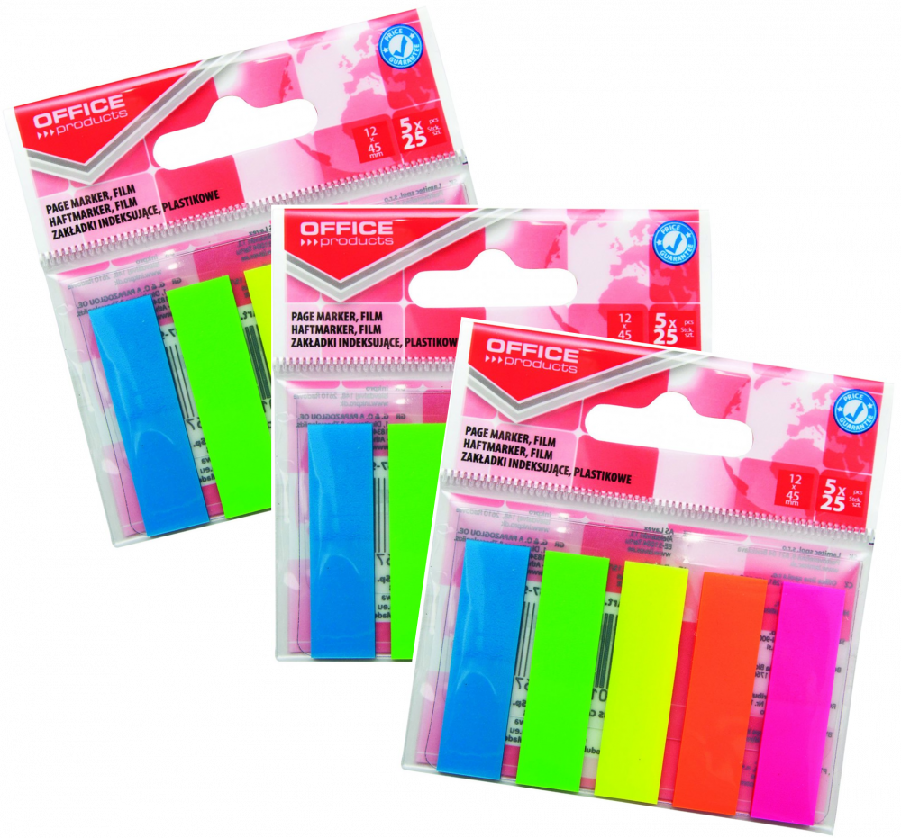 3x Zakładki samoprzylepne Office products, proste, indeksujące, folia PP, 12x45mm, 5x25 sztuk, mix kolorów