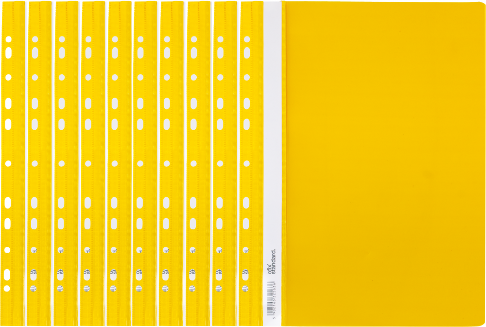 10x skoroszyt plastikowy oczkowy Ofix Standard, twardy, A4, PVC, do 200 kartek, żółty