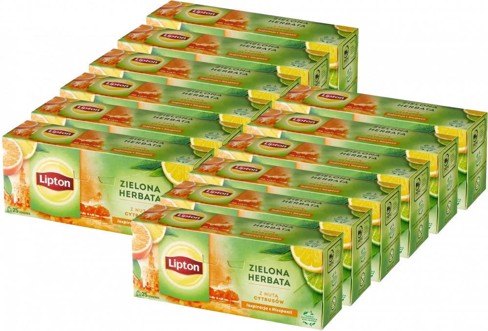 12x Herbata zielona smakowa w torebkach Lipton Green Tea Citrus, cytrusowa, 25 sztuk x 1.3g