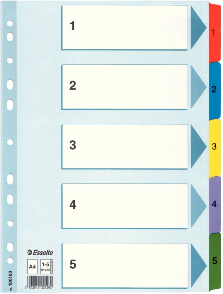 Przekładki do segregatora Esselte Mylar, kartonowe, numeryczne, A4, 1-5 kart, mix kolorów