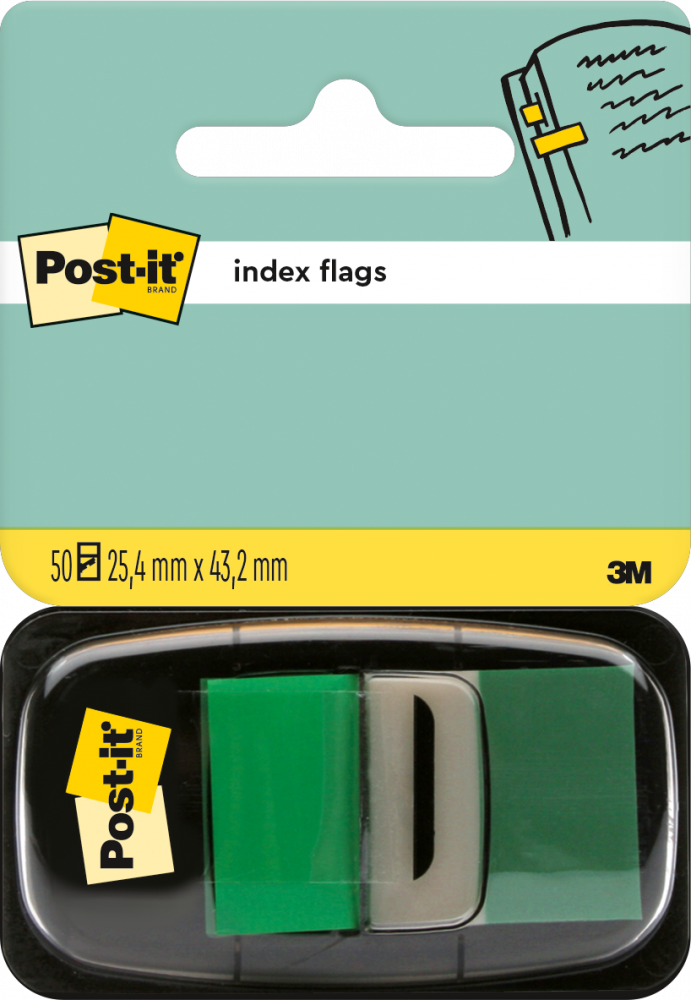 Zakładki samoprzylepne Post-it proste, indeksujące, folia, półtransparentne, 25x43mm, 1x50 sztuk, zielony