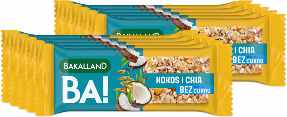 10x Baton zbożowy Bakalland BA!, kokos i chia, bez cukru, 30g