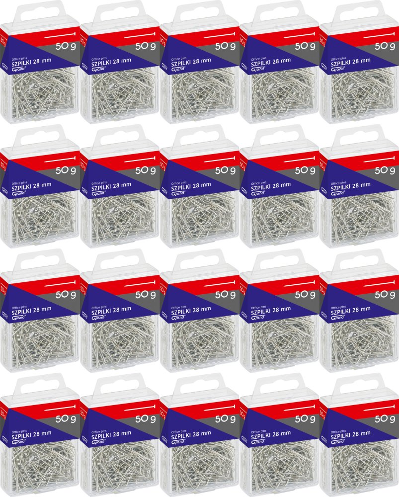 20x Szpilki Grand, w pudełku, 28mm, 50g, srebrny