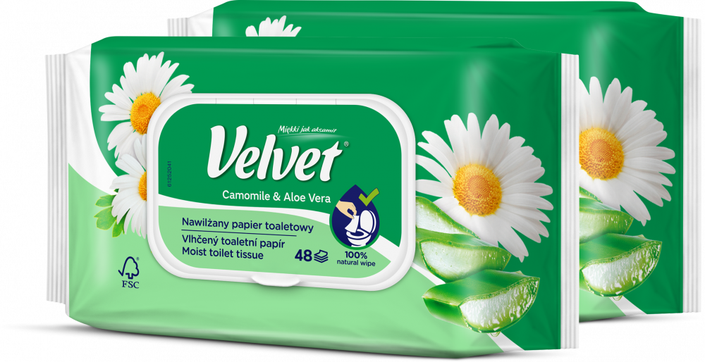 2x Papier nawilżany Velvet Camomile & Aloe Vera, 48 sztuk
