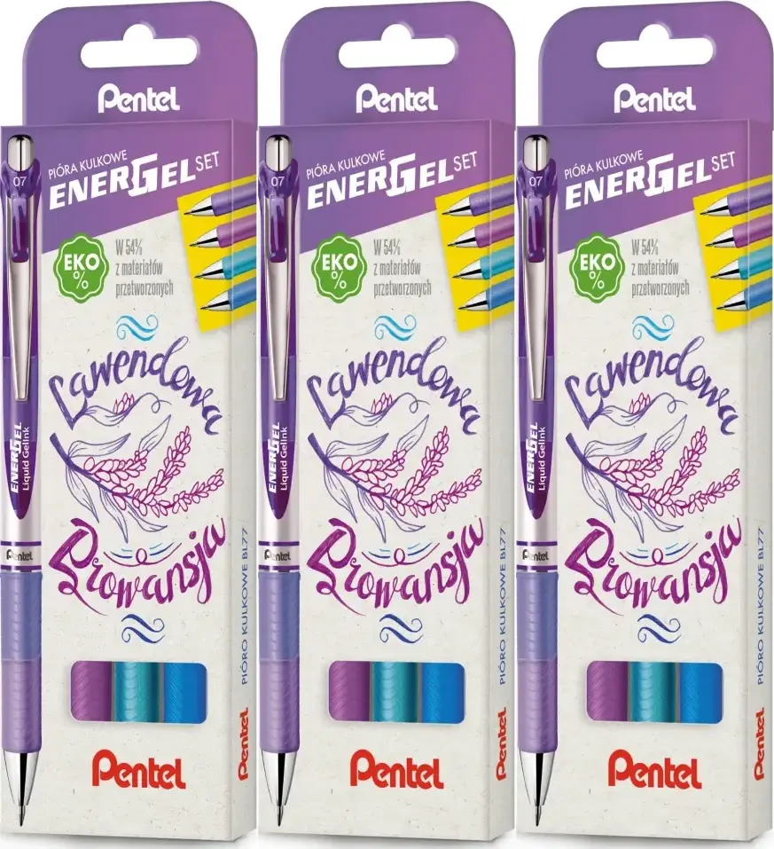 3x Pióro kulkowe automatyczne Pentel EnerGel Set BL77 lawendowa Prowancja, 0.7mm, 4 sztuki, mix kolorów