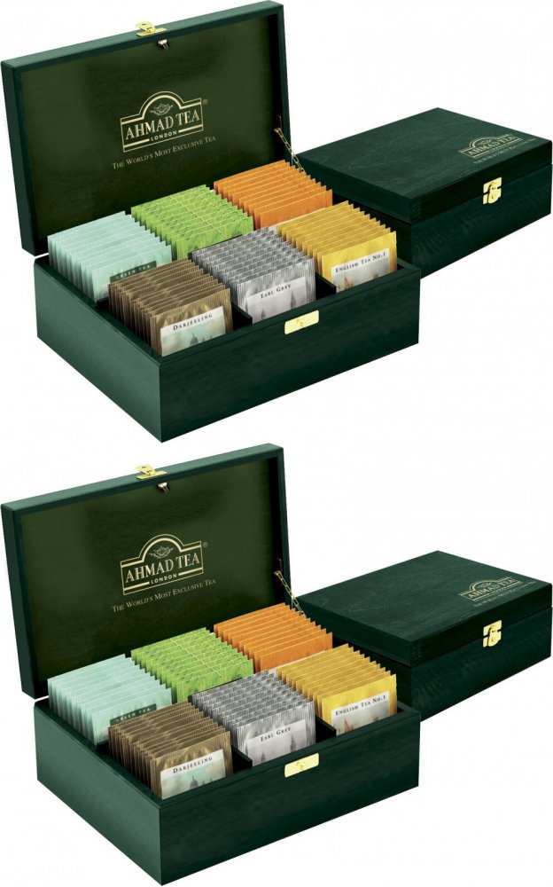 2x Zestaw herbat w kopertach Ahmad Tea London, 60 sztuk x 2g, w drewnianej skrzynce, 6 smaków