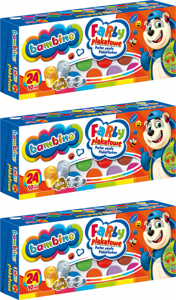 3x Farby plakatowe Bambino Zwierzaki Uczniaki, 10ml, 24 sztuki, mix kolorów