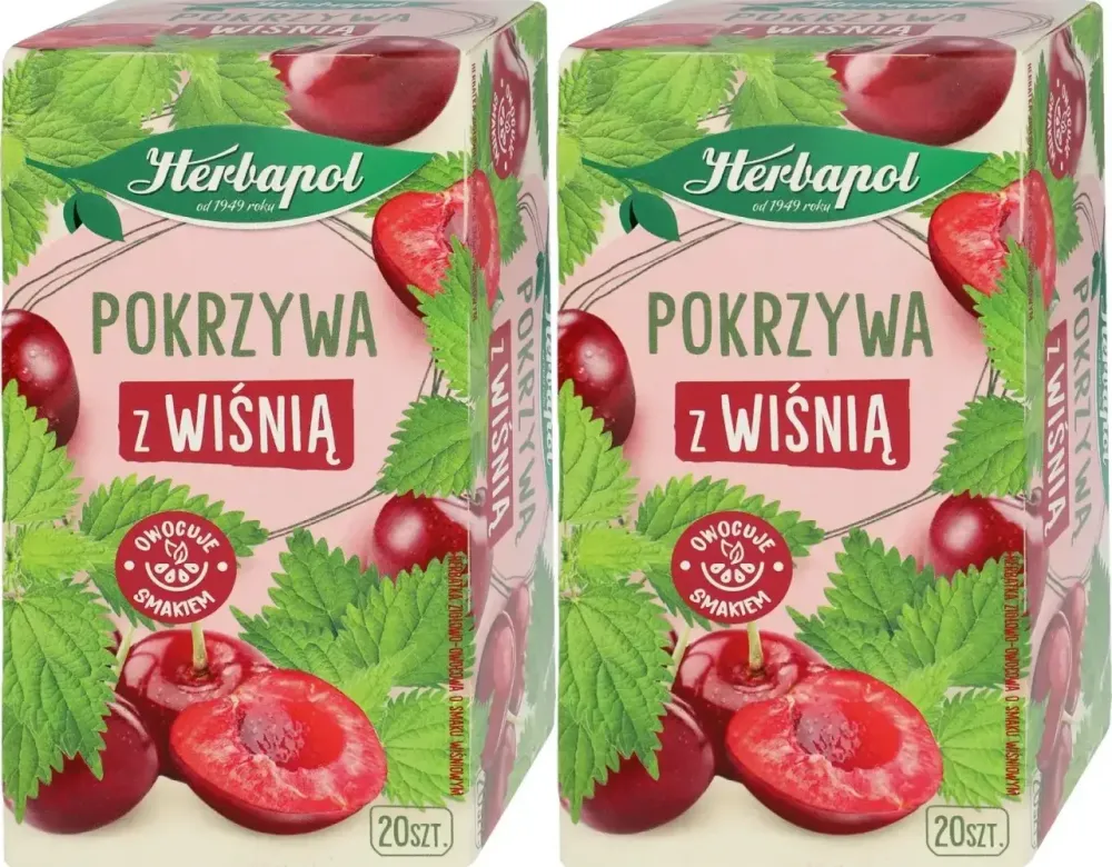 2x Herbata ziołowo-owocowa w torebkach Herbapol, pokrzywa z wiśnią, 20 sztuk
