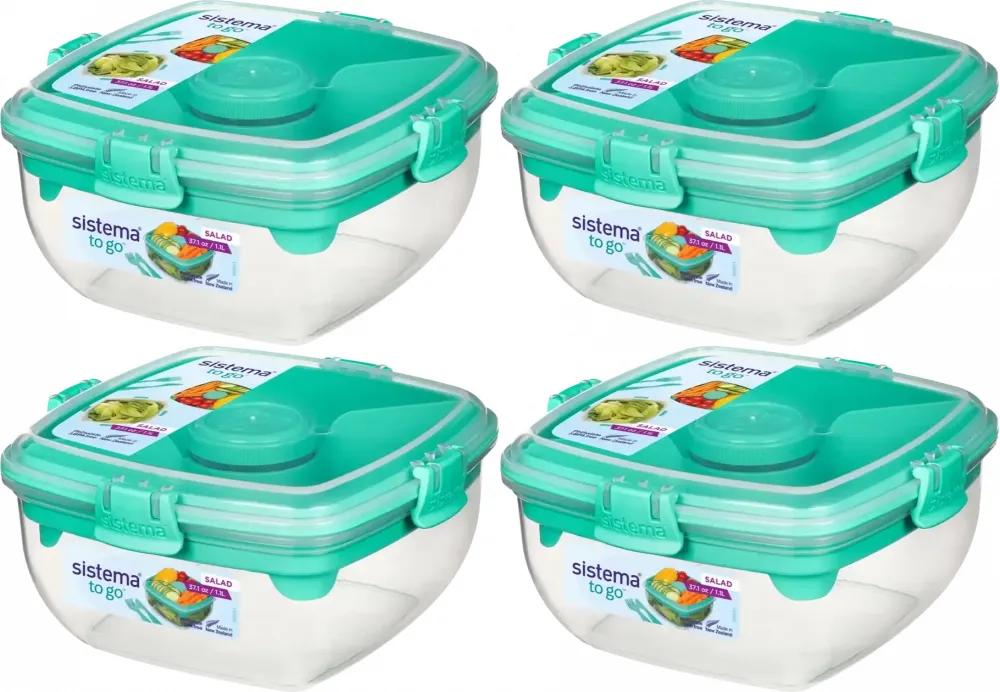 4x Lunchbox na sałatkę Sistema Salad To Go, z nożem i widelcem, 1.1l, miętowy
