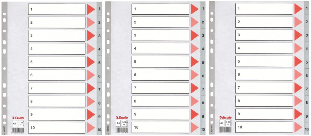 3x Przekładki do segregatora Esselte, plastikowe, numeryczne, A4, 1-10 kart, szary