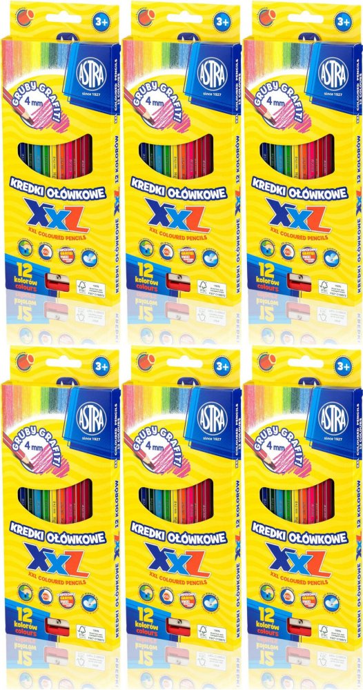 6x Kredki ołówkowe Astra XXL, hexagonalne, 12 sztuk + temperówka, mix kolorów