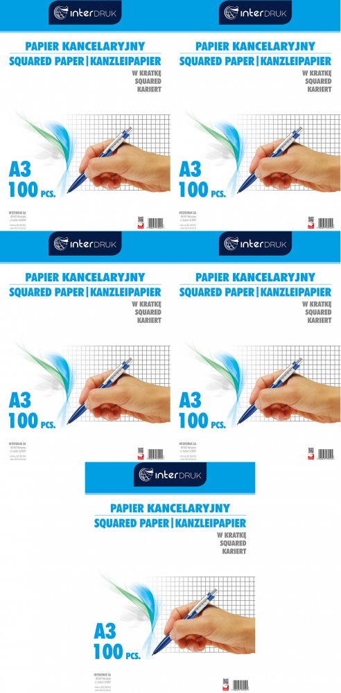 5x Papier kancelaryjny Interdruk, A3, w kratkę, 100 arkuszy