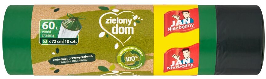 Worki na śmieci Jan Niezbędny Zielony Dom, na odpady zmieszane, ekologiczne, 60l, 10 sztuk, zielono-czarny
