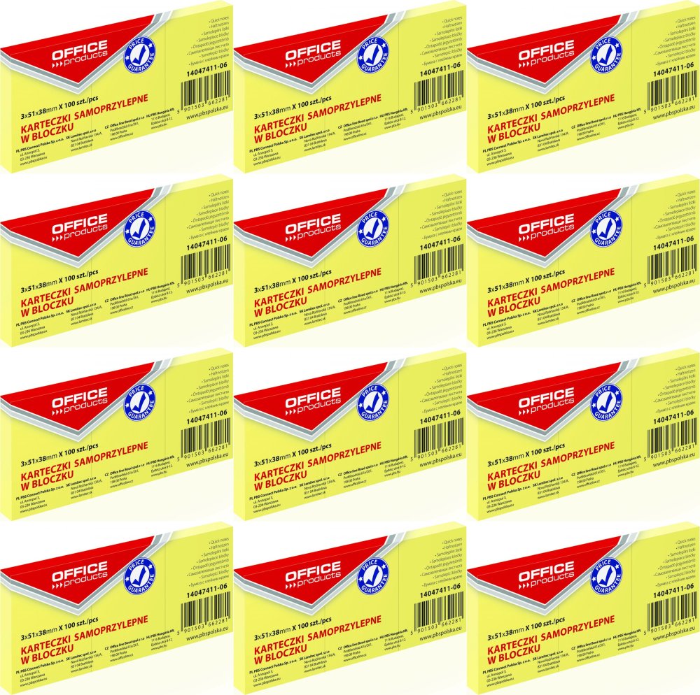 12x Karteczki samoprzylepne Office Products, 38x51mm, 3x100 karteczek, jasnożółty pastelowy