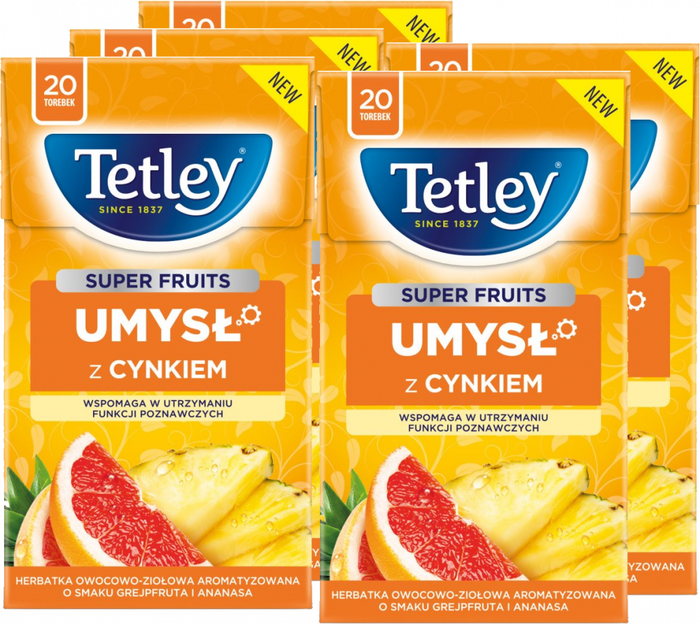 5x Herbata funkcjonalna w torebkach Tetley Super Fruits Umysł z cynkiem, grejpfrut i ananas, 20 sztuk x 2g
