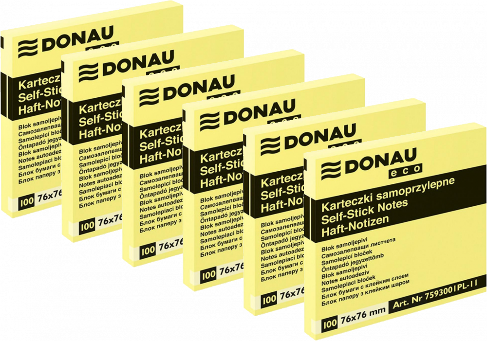 6x Karteczki samoprzylepne Donau Eco, 76x76mm, 100 karteczek, jasnożółty