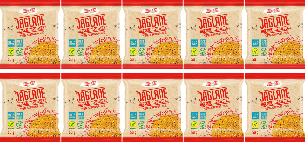 10x Miękkie ciasteczko Frank&Oli, pasta orzechowa + Chia, bez cukru, 50g