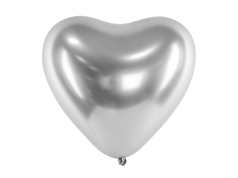 Balony chromowane Glossy 27 cm, Serca, srebrny, 10 szt.