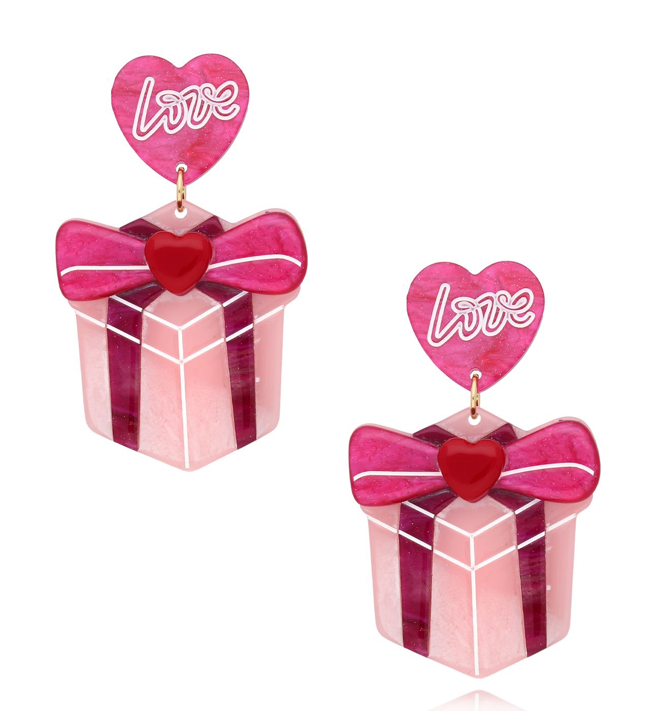 Kolczyki różowe z sercami i prezentem Gift of Love KZA0252