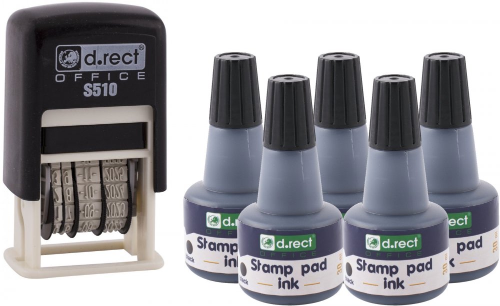 Zestaw: Datownik D.Rect S510, wersja cyfrowa + 5x Tusz do stempli D.Rect, 30ml, czarny