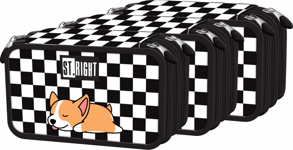 3x Piórnik szkolny St.Right PC5, 3-komorowy, z wyposażeniem, Sleepy Corgi