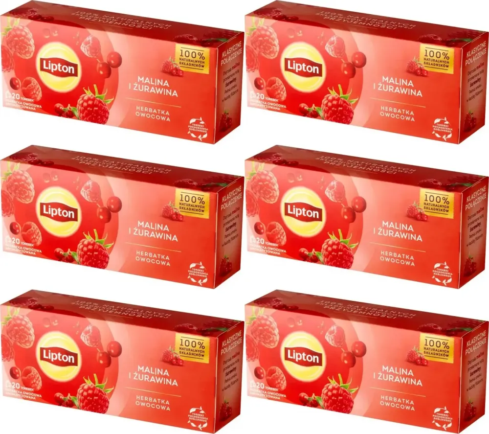 6x Herbata owocowa w torebkach Lipton, malina i żurawina, 20 sztuk x 1.6g