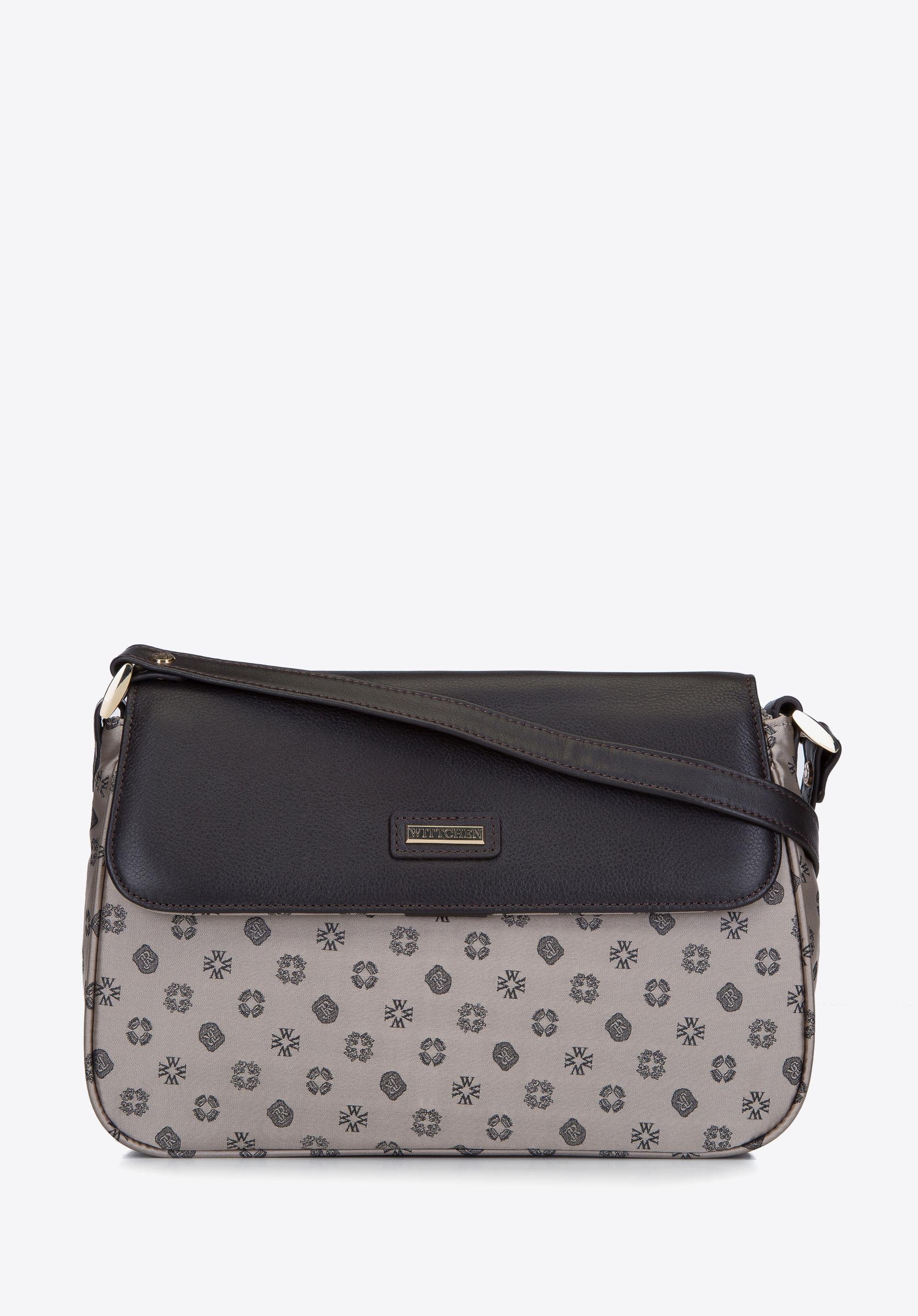 Torebka crossbody ze skóry i żakardu z monogramem beżowa