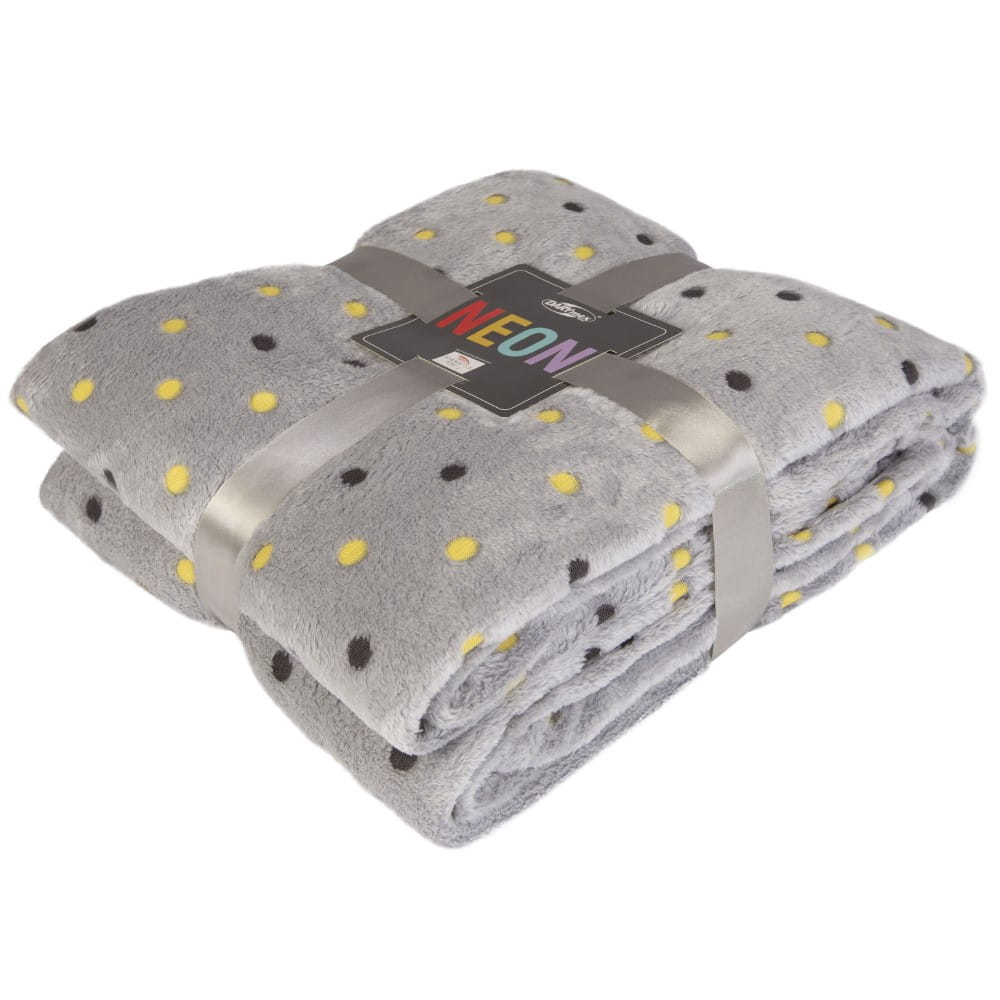 Koc 200x220 z miękkiej mikrofibry NEON popielaty kocyk w kolorowe kropki