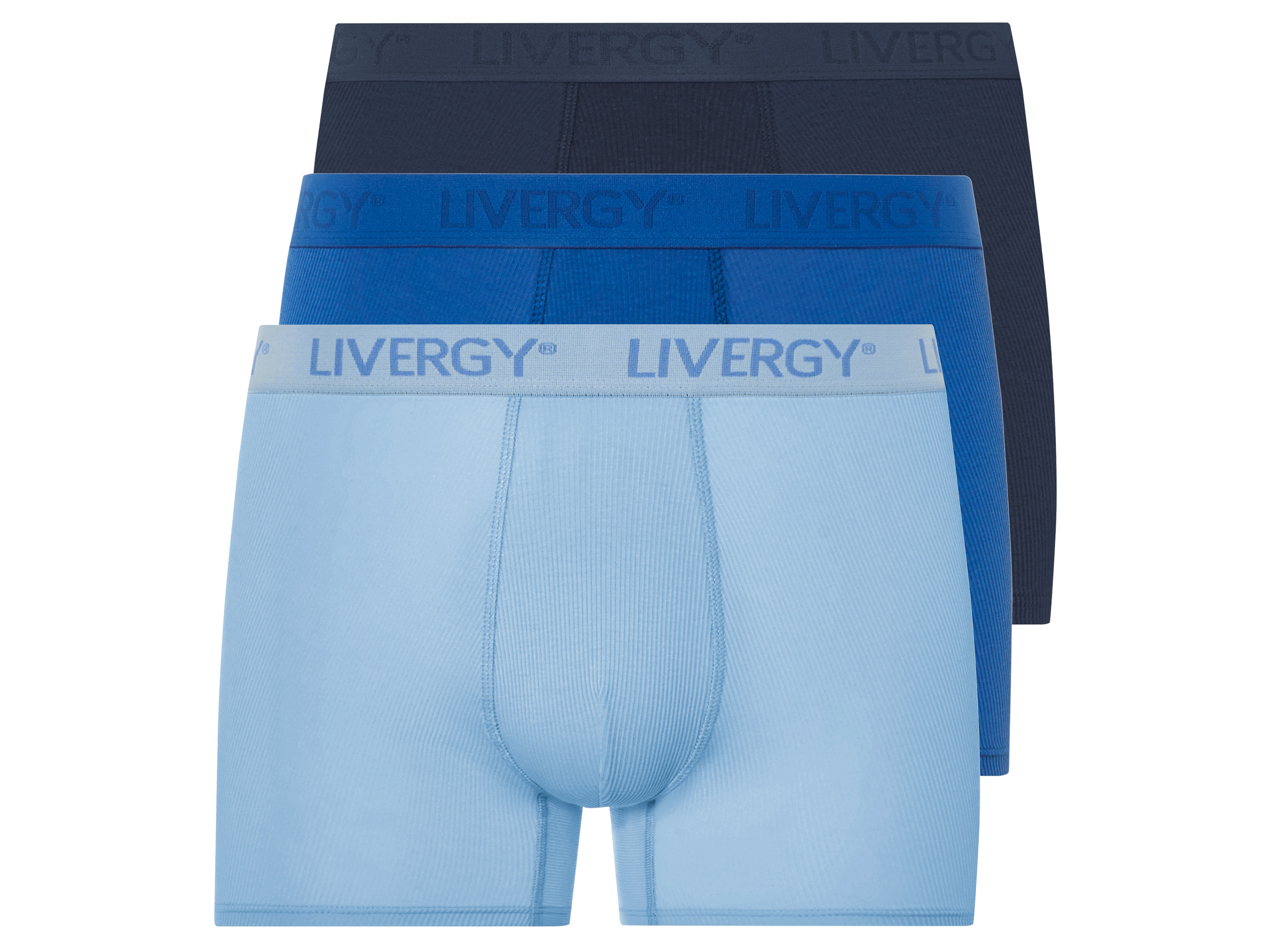 Livergy Bokserki prążkowane męskie, 3 pary Jasnoniebieski/niebieski/granatowy, 5/M