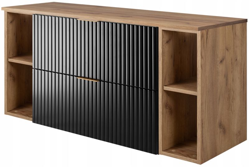 Szafka łazienkowa Furnidea 120 cm wisząca czarna z blatem i regałami dąb Wotan Flow 1 szt.