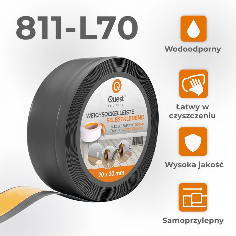 Listwa przypodłogowa PCV 70x20mm, QUEST, samoprzylepna elastyczna, miękka listwa podłogowa, cokołowa, ciemnoszary, 5m