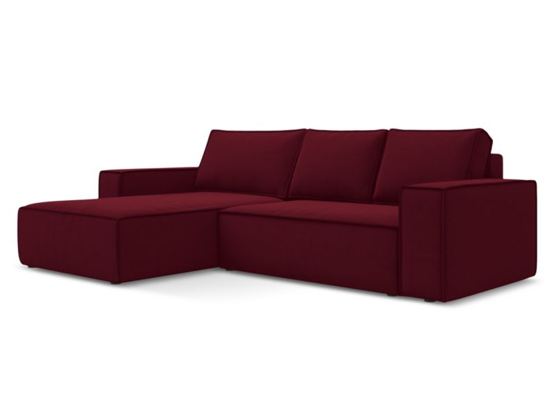 Narożnik lewostronny z funkcją spania Makamii Kimo z tkaniny welwetowej 290x185 cm burgundowy 1 szt.