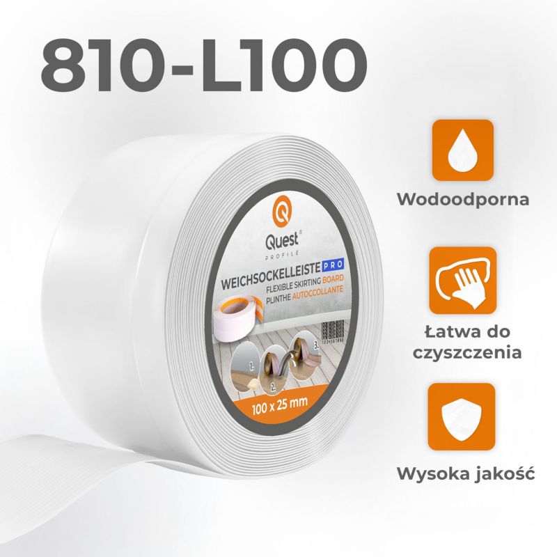 Listwa przypodłogowa PCV 100x25mm, QUEST, elastyczna, miękka listwa podłogowa, cokołowa, biały, 10m
