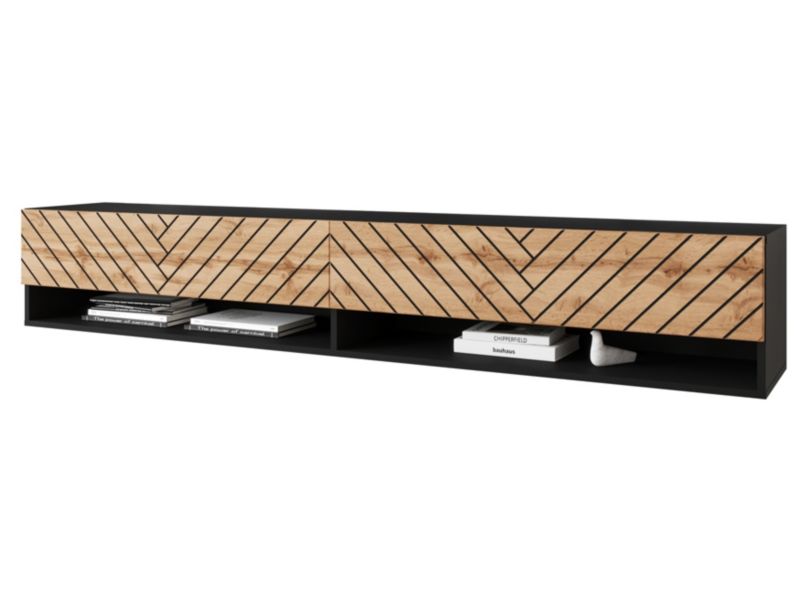 Szafka RTV MINIO go for it ANNE 180 cm czarny/dąb wotan MDF wzór jodełki M3 z oświetleniem LED 1 szt.