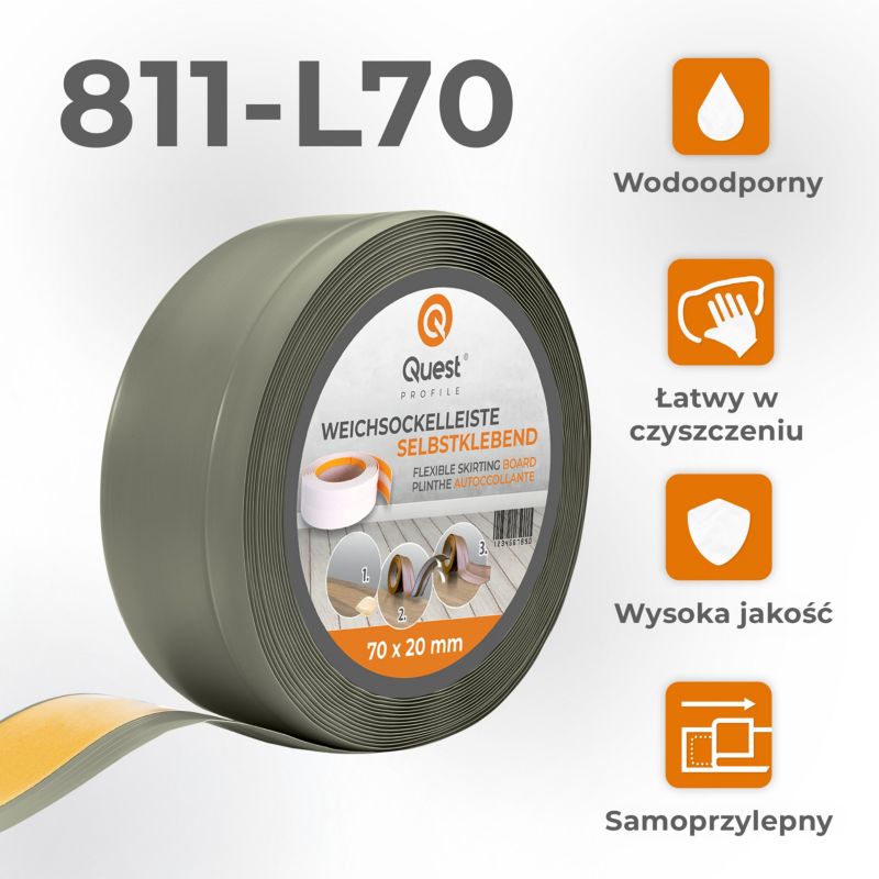 Listwa przypodłogowa PCV 70x20mm, QUEST, samoprzylepna elastyczna, miękka listwa podłogowa, cokołowa, oliwkowy, 15m