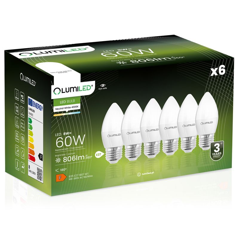 Żarówka LED LUMILED E27 B35 8W 806lm 4000K 180st 6 szt.