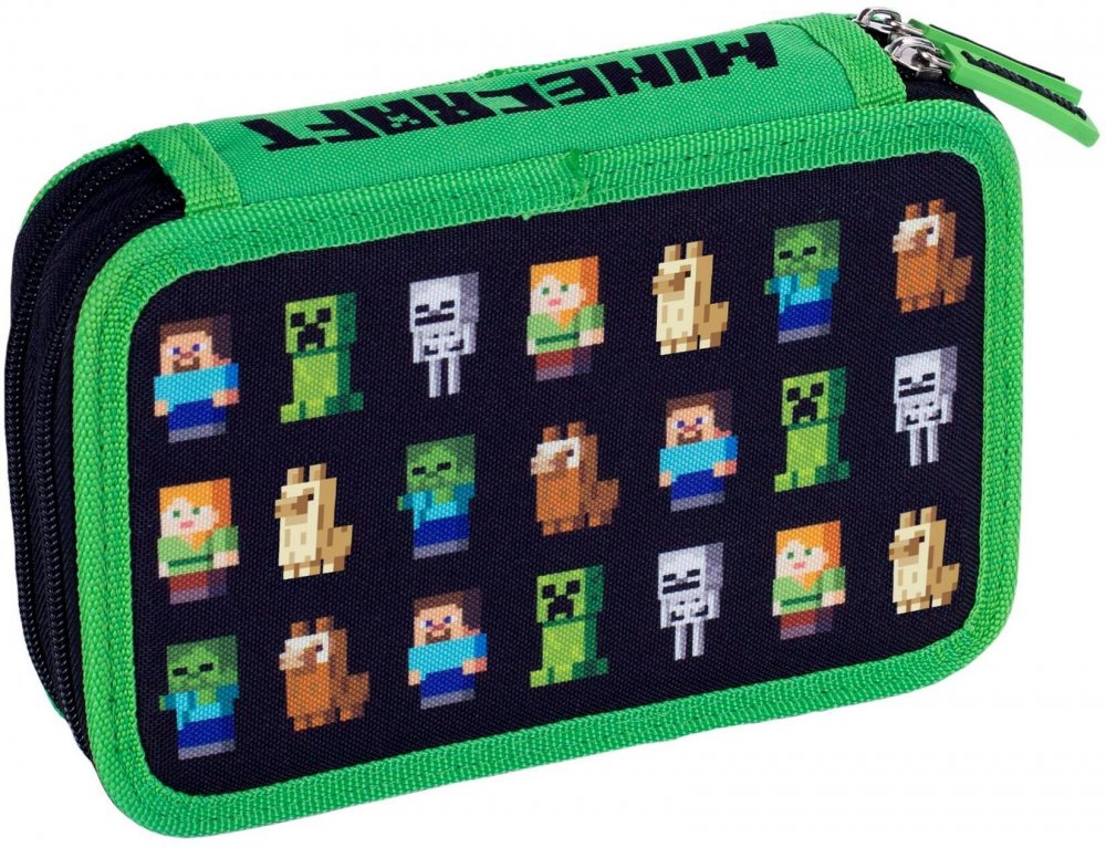 Piórnik szkolny Astra Minecraft Multicharacters, 2-komorowy, bez wyposażenia, 20x13.5x4cm, czarno-zielony