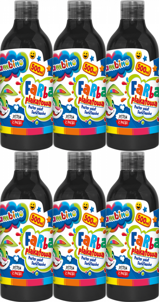 6x Farba plakatowa Bambino Zwierzaki Uczniaki, w butelce, 500ml, czarny