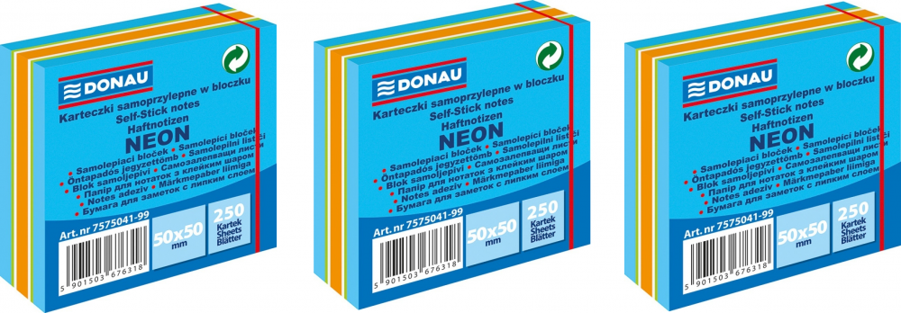 3x karteczki samoprzylepne Donau, 50x50mm, 250 karteczek, neon-pastel, mix niebieski