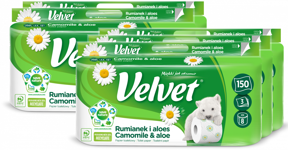 5x Papier toaletowy Velvet Rumianek i Aloes, 3-warstwowy, 8 rolek, biały
